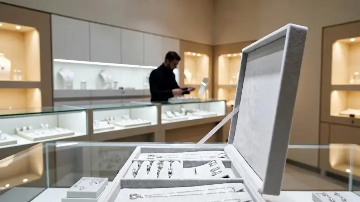 Centro de distribución mayorista de Baires Jewels con bandejas de joyas de plata